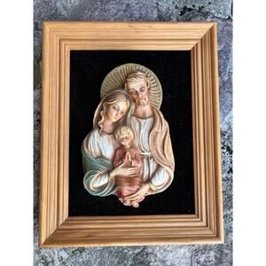 Vintage relief statue of holy family on velvet framed painting